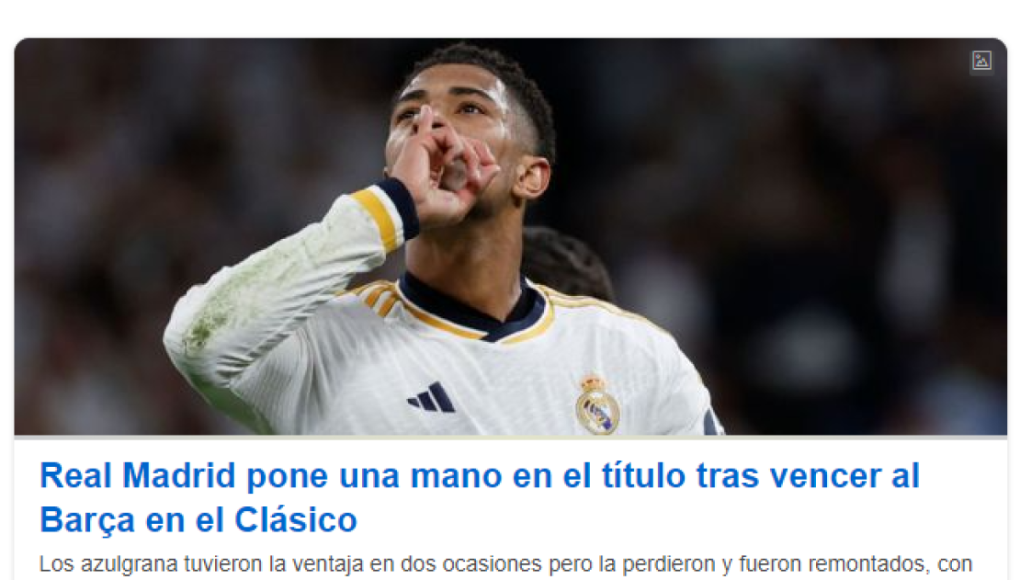 ESPN: “Real Madrid pone una mano en el título tras vencer al Barcelona en el Clásico”.