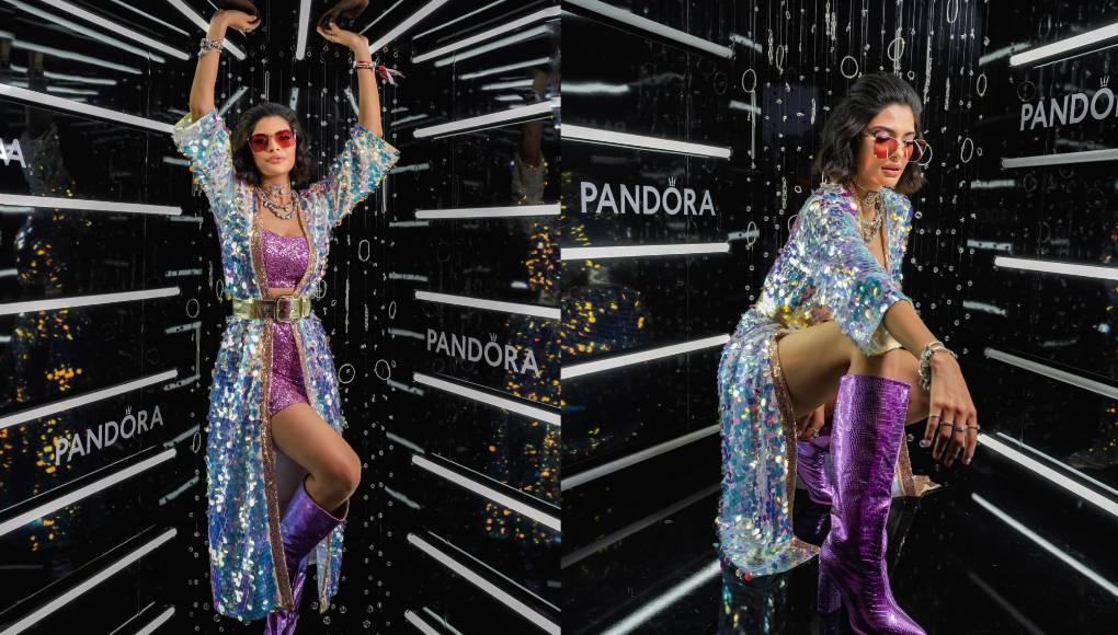 En otra ocasión, la mujer más bella del mundo deslumbró con un conjunto de top y falda corta de lentejuelas rosadas. Sheynnis acompañó su vestimenta con un kimono de grandes lentejuelas lilas, de Festivo Kimonos, con un cinturón ancho metálico.