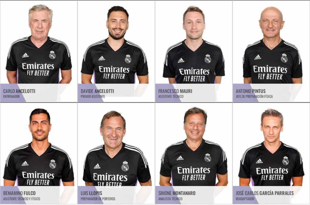 El staff técnico del Real Madrid encabezazo por Carlo Ancelotti junto a su hijo Davide.