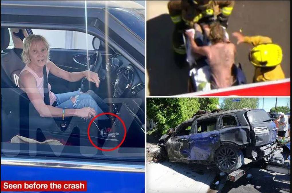 Momentos previos al accidente de la actriz. En otras imágenes se puede ver cuando miembros del cuerpo de bomberos ayudan a la estrella a salir del auto. Anne Heche sufrió severas quemaduras en el accidente. 