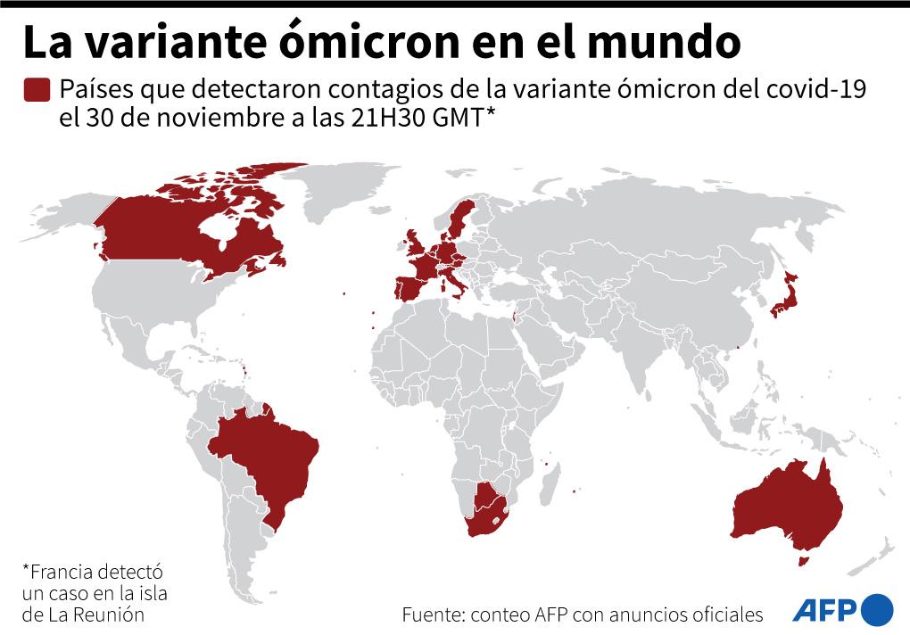 Los países en los que ha sido detectada la variante ómicron hasta la fecha.