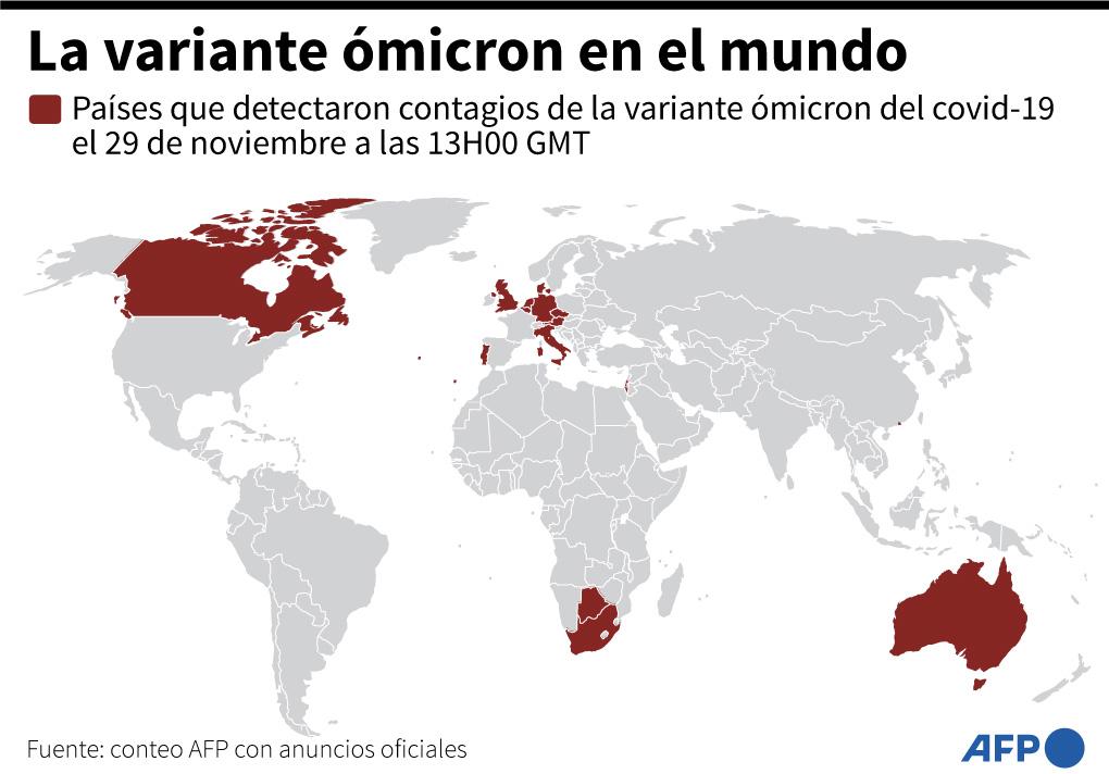 Mapamundi destacando los países que declararon haber detectado al variante ómicron del covid-19, el 29 de noviembre a las 13H00 GMT - AFP / AFP