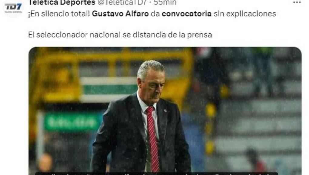  Teletica Deportes lanzó su dardo al técnico de Costa Rica: “En silencio total. Gustavo Alfaro da convocatoria sin explicaciones. El seleccionador nacional se distancia de la prensa”.