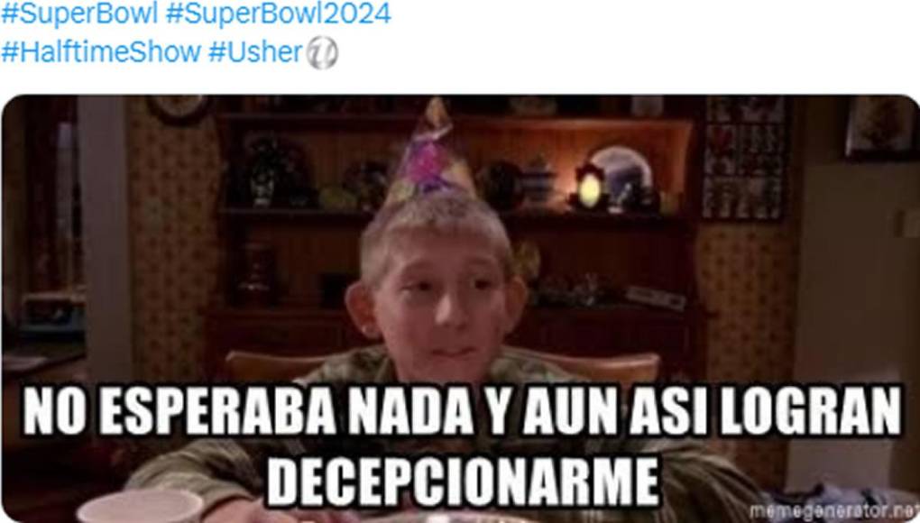 Los mejores memes de la presentación de Usher en el Halftime Show del Super Bowl 2024 que jugaron Kansas City Chiefs y San Francisco 49ers en el Allegiant Stadium de Las Vegas.