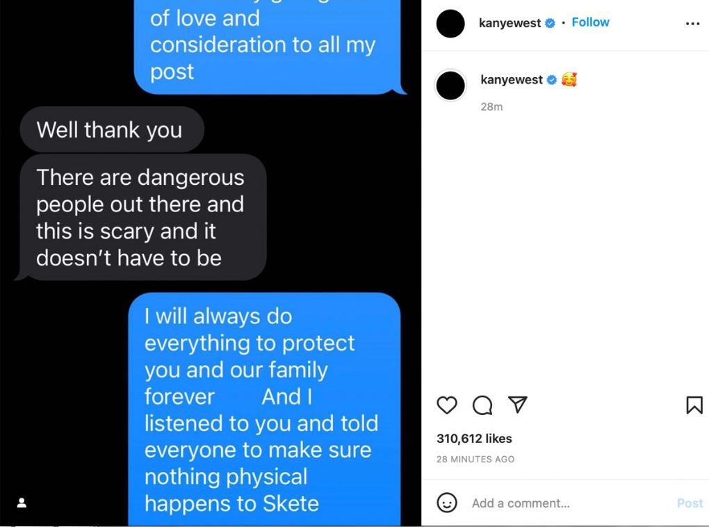 En esta captura de pantalla se puede ver como Kanye le responde a Kim de que se asegurará que no le pase “nada físico” a Skete (Pete).