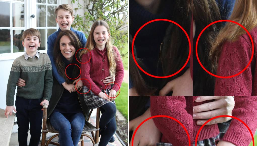Pero un examen de la foto muestra que la mano izquierda de la <b>princesa</b>, pegada a la mangade su hija Carlota, parece estar retocada, lo que pone en duda la autenticidad de la foto en su conjunto. También parecen existir retoques en la mano izquierda y el pelo de Carlota y en la cremallera de la prenda de Catalina.