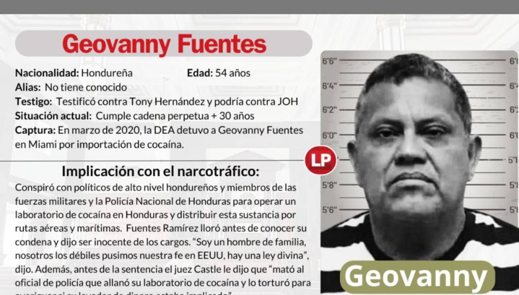 Según el fallo del jurado, hecho público el 22 de marzo de 2021, Fuentes pagó “hacia 2013”, al menos 25,000 dólares a JOH cuando era presidente del Congreso hondureño, y le permitió acceder a cocaína, valorada en millones de dólares, que se producía en su laboratorio.En un comunicado posterior a su condena en marzo de 2021, los fiscales del Distrito Sur de Nueva York dijeron que Fuentes era “un traficante de cocaína despiadado, poderoso y asesino en Honduras. Facilitó el envío de grandes cargamentos de cocaína sobornando a Juan Orlando Hernández”.