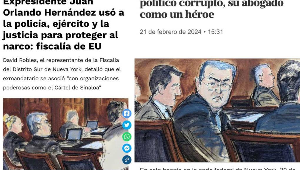 Desde el inicio del juicio del expresidente de Honduras, Juan Orlando Hernández, que arrancó el 20 de febrero en la Corte del Distrito Sur de Nueva York, se ha convertido en el blanco de los principales titulares de los medios internacionales informando sobre su situación con testigos de la Fiscalía que lo vínculan con el narcotráfico en Honduras.