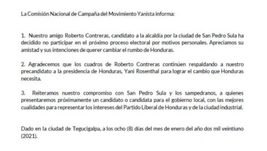 Roberto Contreras renuncia a la precandidatura de la alcaldía de San Pedro Sula