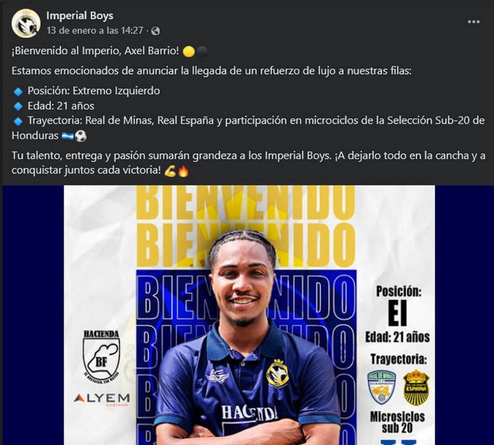 Axel Barrios murió solo 11 días después de haber sido anunciado como fichaje del equipo Imperial Boys de la Liga Mayor de Honduras, equipo de la zona de El Guayacán, San Matías, lugar donde el joven jugador sufrió el accidente.