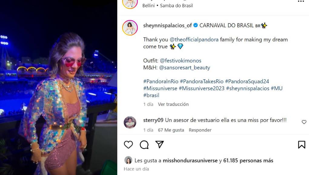 Sheynnis disfrutó del Carnaval de Río de Janeiro con este mismo atuendo. “Gracias familia @theofficialpandora por hacer realidad mi sueño”, dijo Sheynnis, quien siempre había deseado ser parte de este tradicional evento en Brasil. 