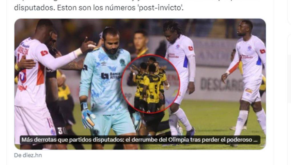 “En caída libre. Olimpia se derrumbó tras perder el poderoso invicto de 45 juegos: Real España le agudizó un nuevo revés”, señaló Diario Diez.