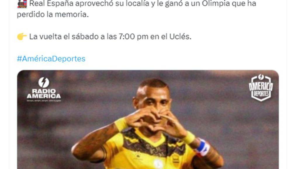 ”Real España aprovechó su localía y le ganó a un Olimpia que ha perdido la memoria”, indicó Radio América.