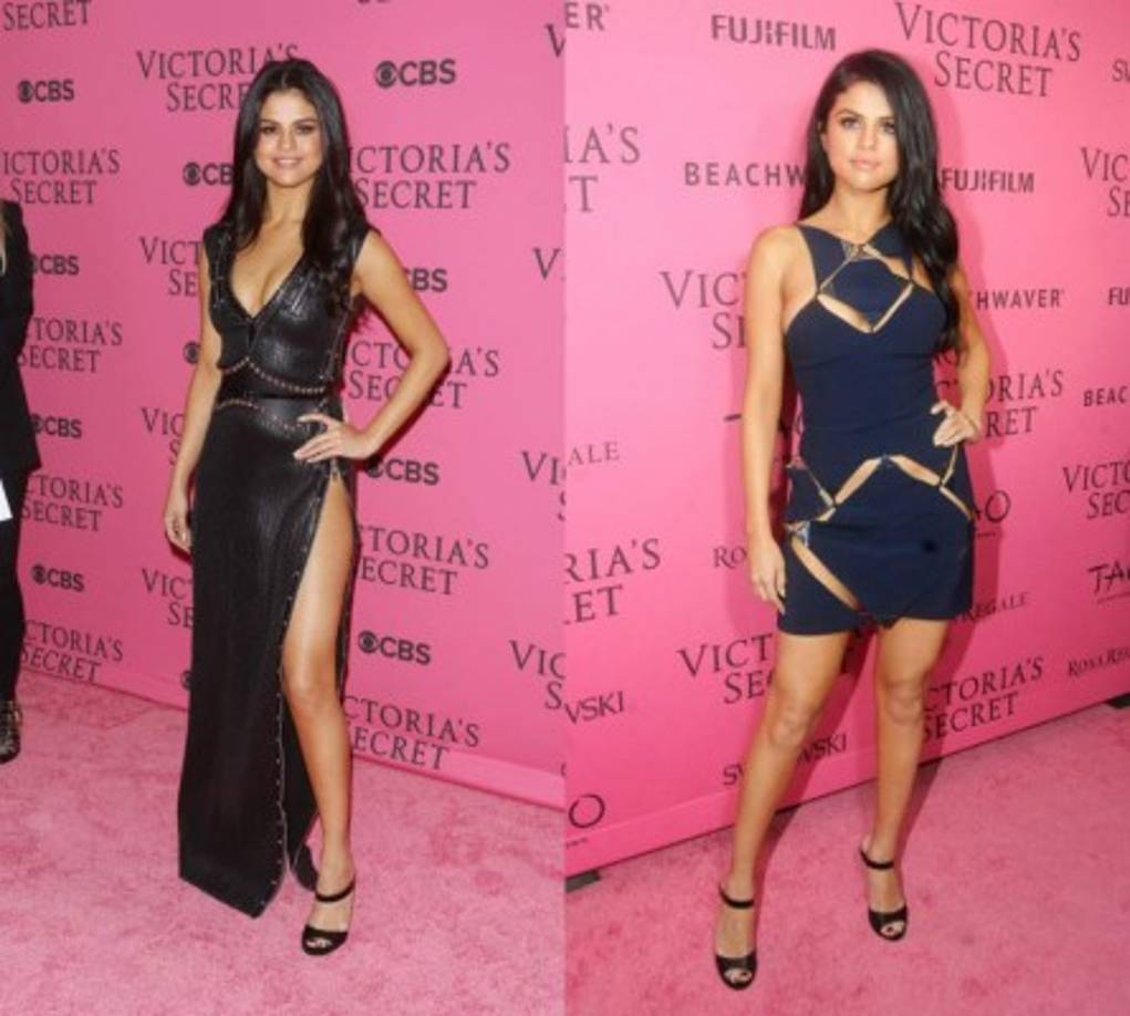 Selena eligió un sensual diseño de inspiración lencera, en raso negro, con profundo escote y abertura frontal.