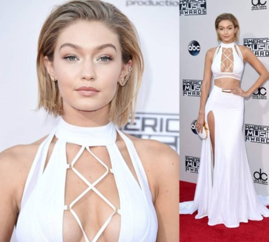 La modelo Gigi Hadi llegó con un pronunciado escote blanco creación de Bao Tranchi.