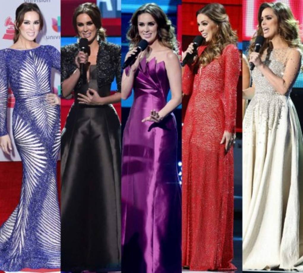 Jacqueline Bracamontes usó diseños de Rosita Hurtado, Nicolás Felizola, Jusef Sánchez, Benito Santos y Alejandro Fajardo.