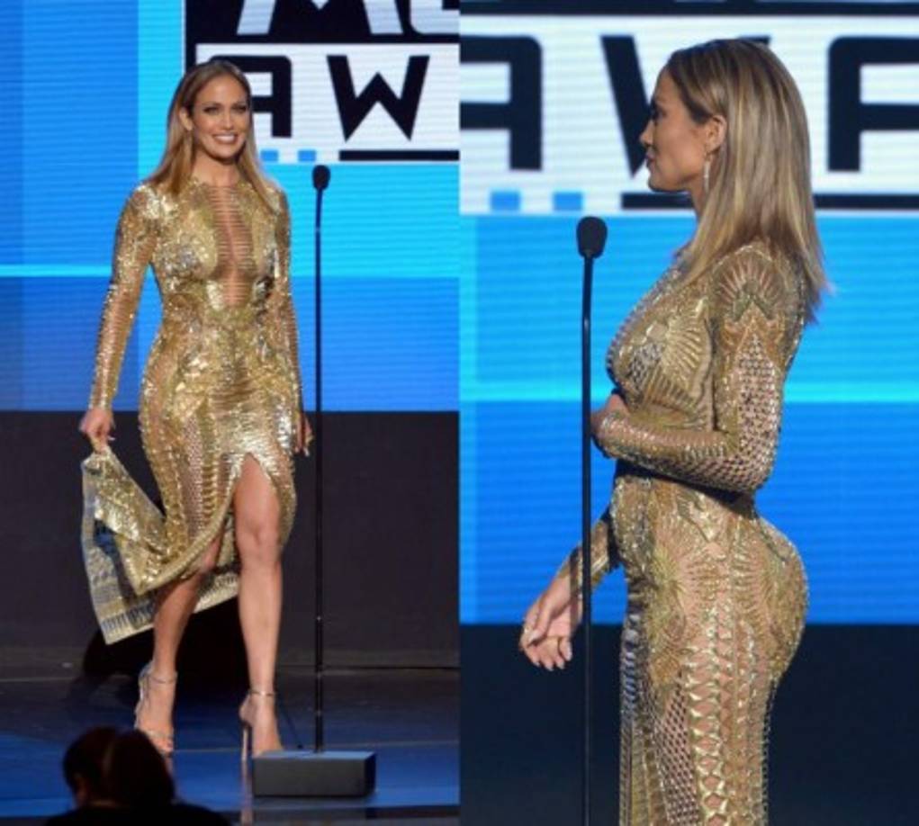 Jennifer Lopez marcó sus curvas latinas con este ajustado vestido dorado de Julien McDonald.