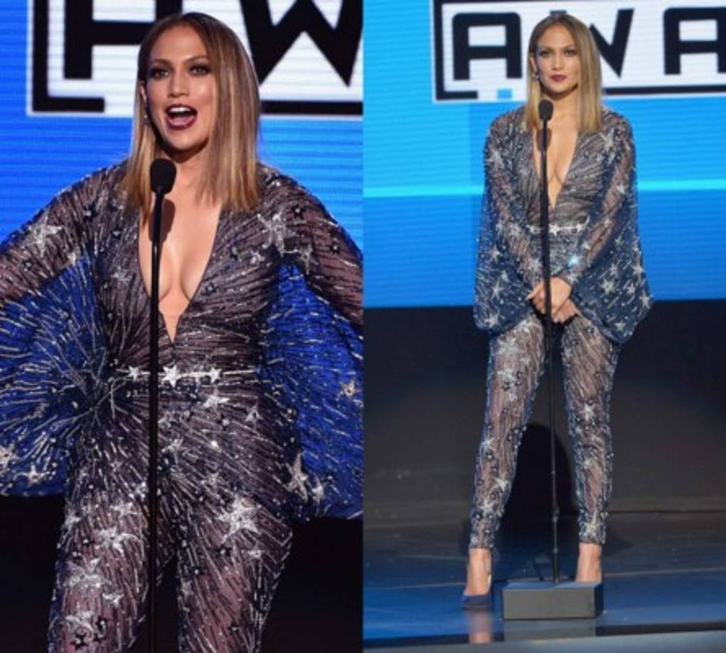 Jennifer Lopez se cambió de vestido, de maquillaje y de peinado. Entre los muchos estilos que lució anoche, este mono setentero de estrellas que recuerda a 'Mamma mia' estaba firmado por Zuhair Murad.
