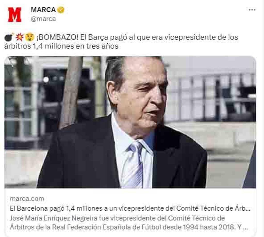 Diario Marca: Bombazo. El Barcelona pagó al que era vicepresidente de los árbitros 1,4 millones en tres años.