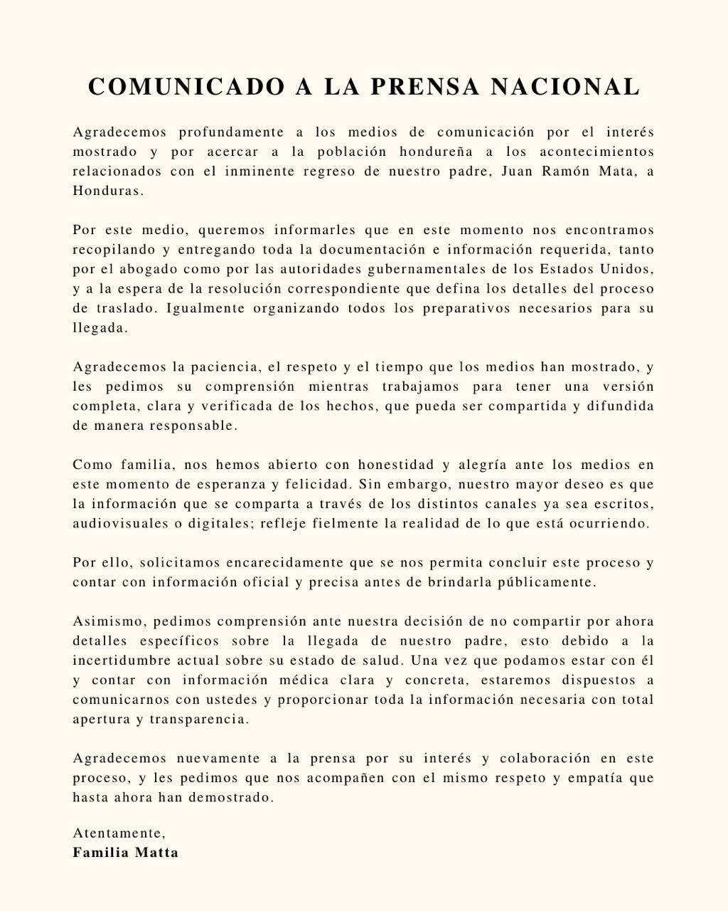 Comunicado de la familia de Ramón Matta Ballesteros tras fallida liberación en Estados Unidos.
