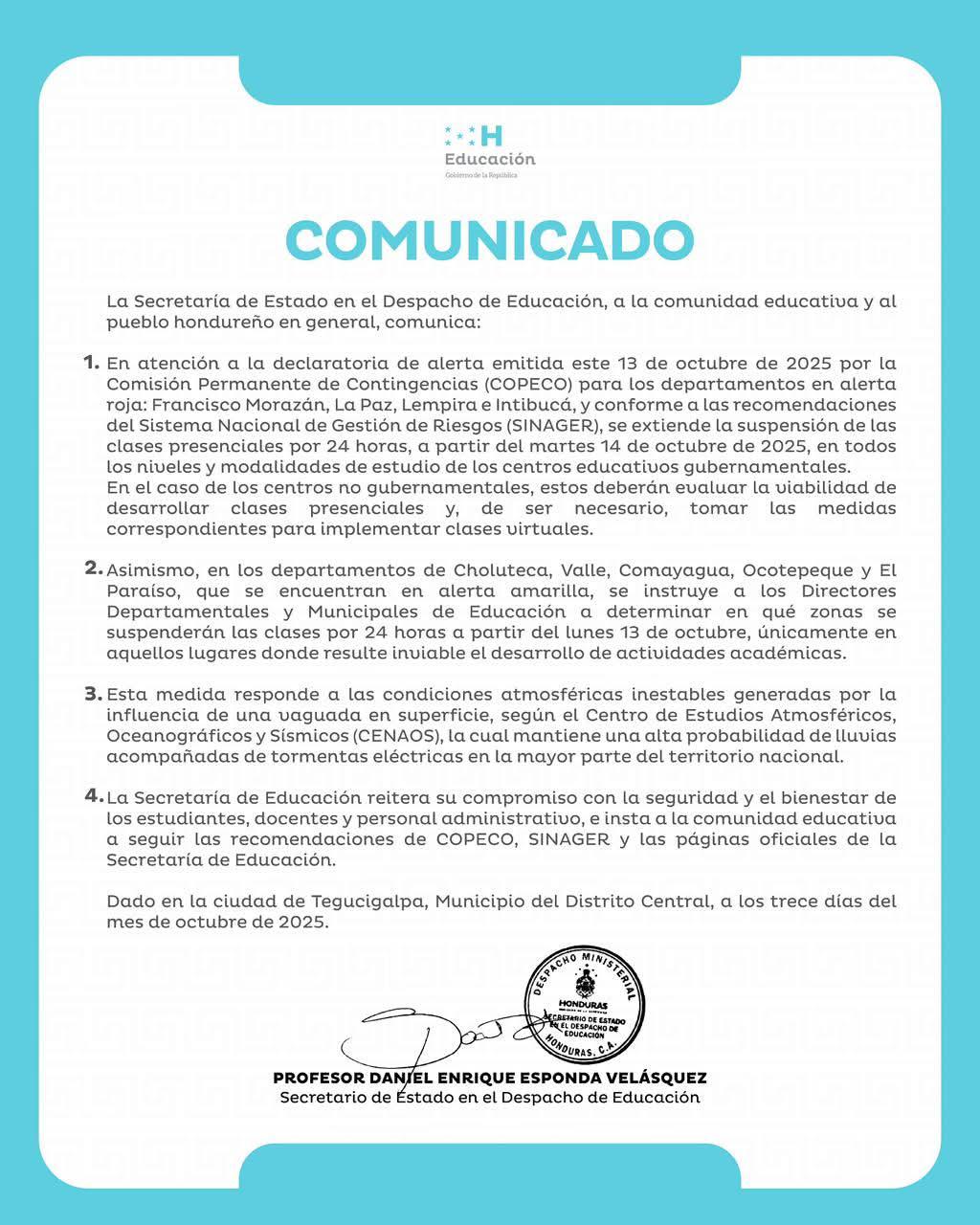 Comunicado de la Secretaría de Educación.