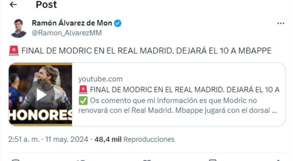 El periodista español Ramón Álvarez da como un hecho el adiós de Modric al final de temporada.