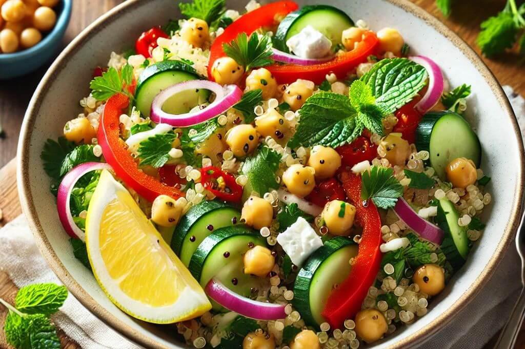 Ensalada de quinoa con garbanzos y aderezo de limón