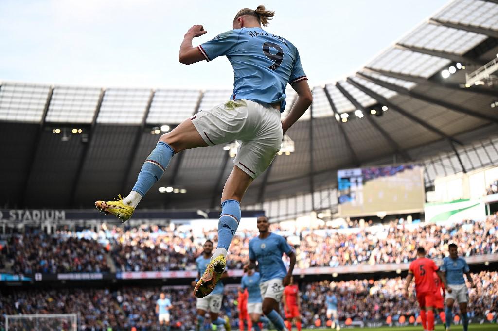 Así festejó Haaland sus dos goles ante el Brighton.