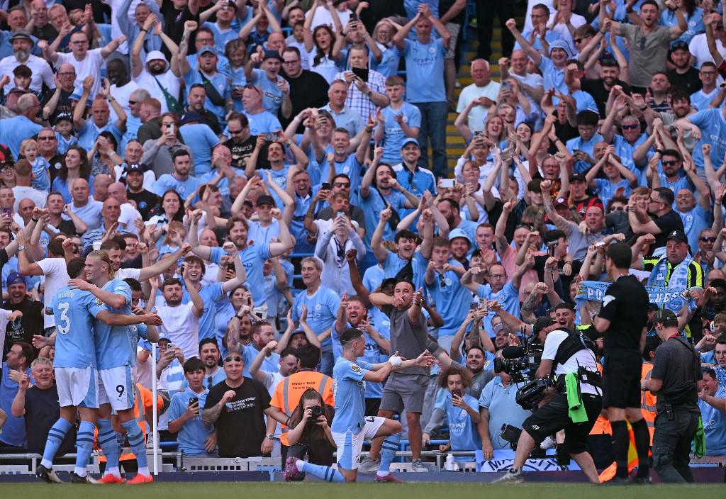 Foden celebrando uno de sus dos goles marcados en el Manchester City vs West Ham.