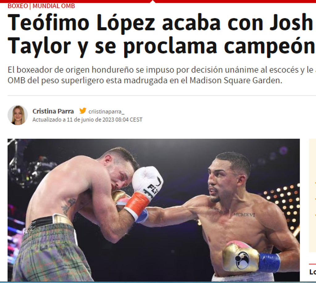 Diario AS de España: “Teófimo López acaba con Josh Taylor y se proclama campeón”.