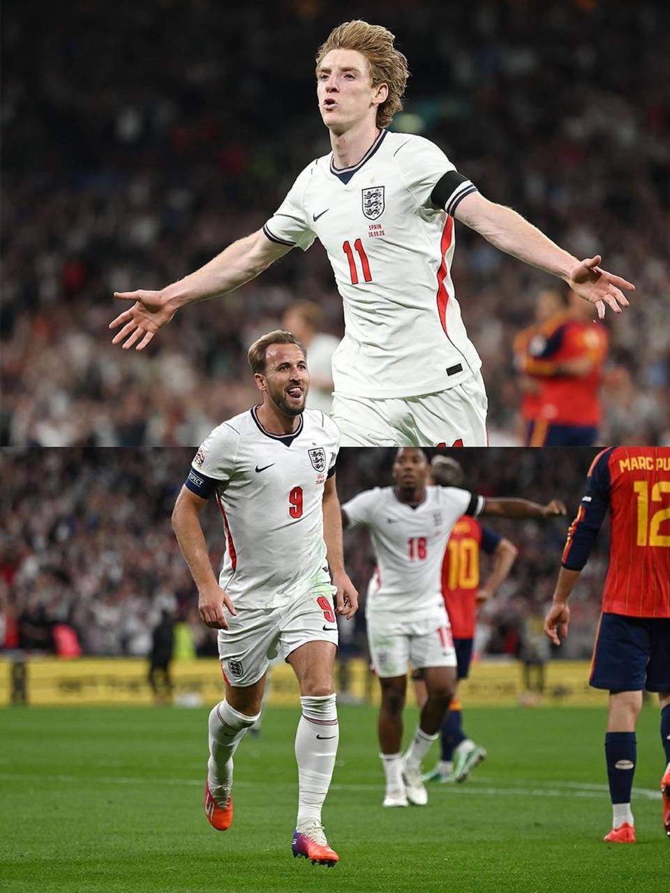 Inglaterra lo dio vuelta en tres minutos con gol de Anthony Gordon y el autogol de Marc Cucurella tras cabezazo de Harry Kane.