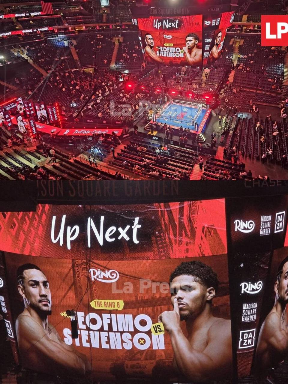 La pantalla gigante del Madison Square Garden destaca la gran pelea estelear.