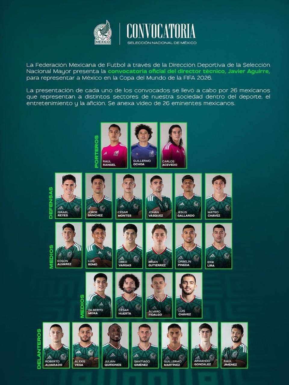 Estos son los 26 futbolistas convocados por México para el Mundial 2026.