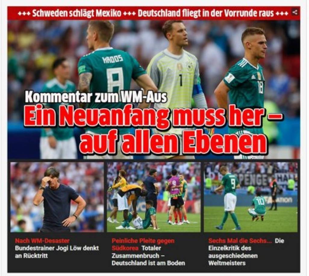 El Tagesspiegel habla en la red social Twitter de un auténtico 'drama' para la selección, el Süddeutsche Zeitung describe el 'colapso' alemán y el rotativo Bild titula '¡Fuera! Nuestra pesadilla mundial se ha hecho realidad'.