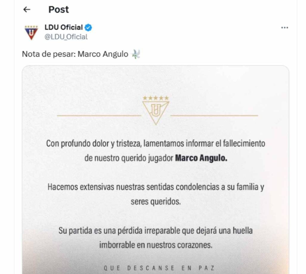 La noticia de su fallecimiento fue dada a conocer este martes 12 de noviembre a la madrugada por La Liga de Quito.