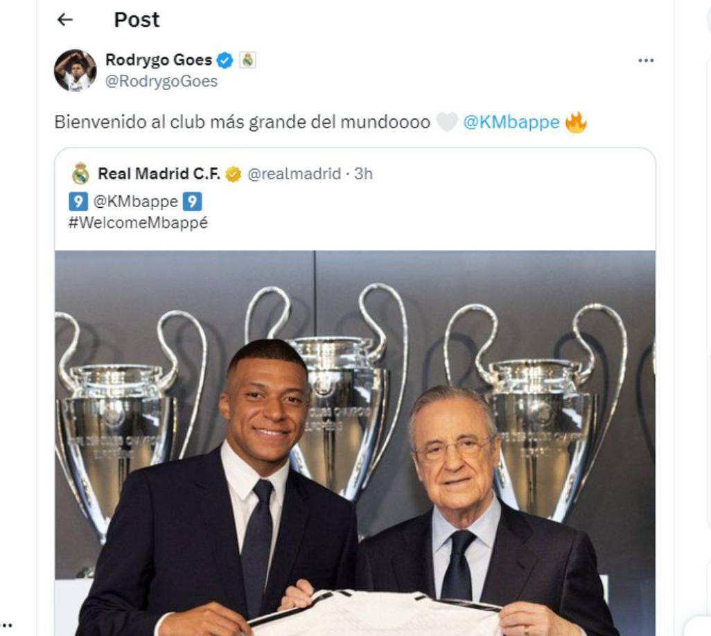 El brasileño Rodrygo le dio la bienvenida a Mbappé. Cabe recordar que algunos medios señalan que el sudamericano se podría marchar por la llegada de Kylian. 