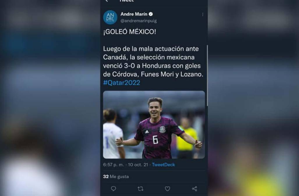 André Marín: “Goleó México. Luego de la mala actuación ante Canadá, la selección mexicana venció 3-0 a Honduras”.