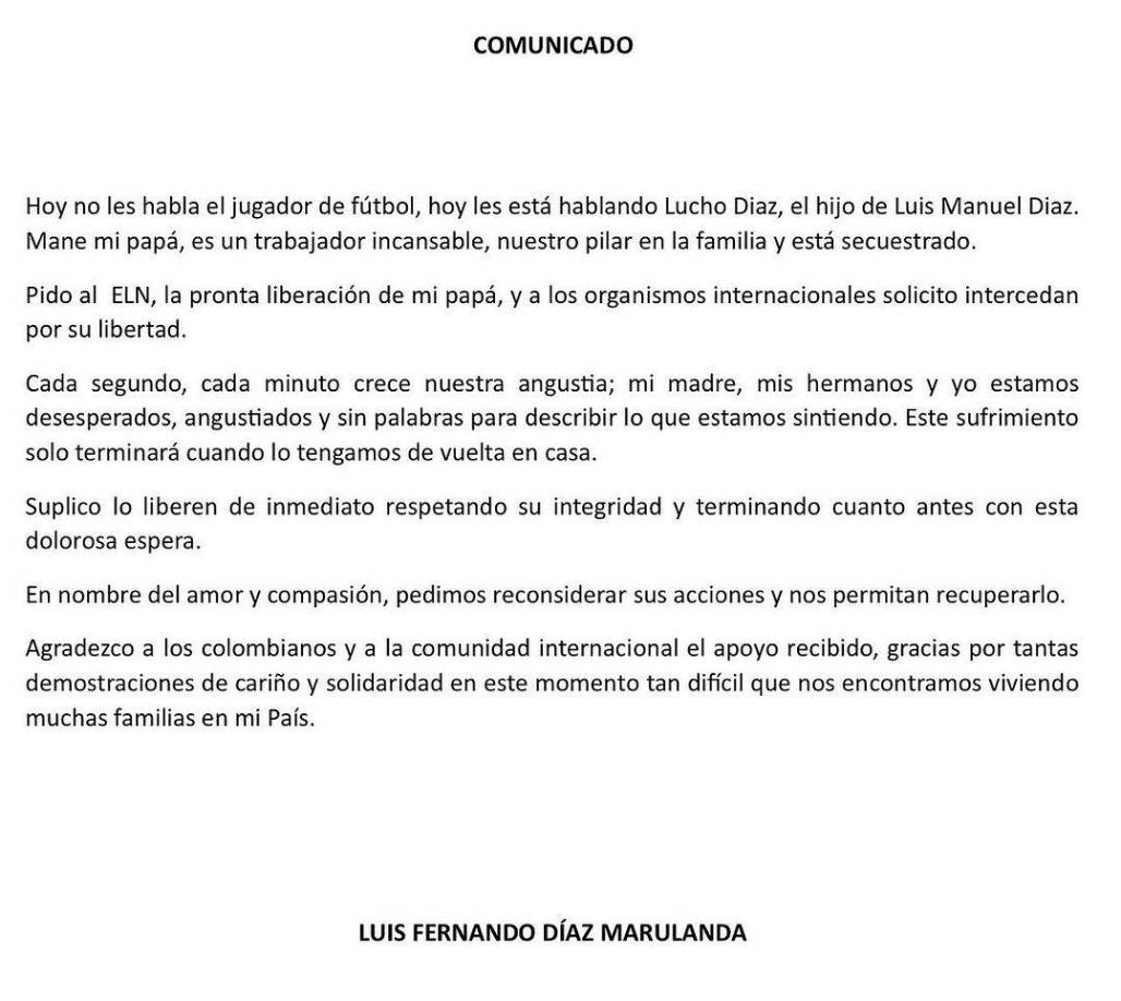 Comunicado de Luis Díaz tras el secuestro de su padre en Colombia y la petición al ELN.