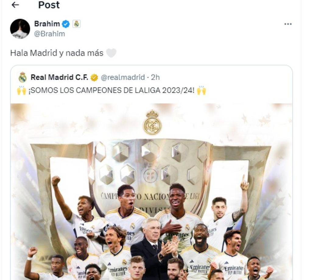 Mensaje de Brahim Díaz en donde señalaba estar emocionado tras el título de Liga. 