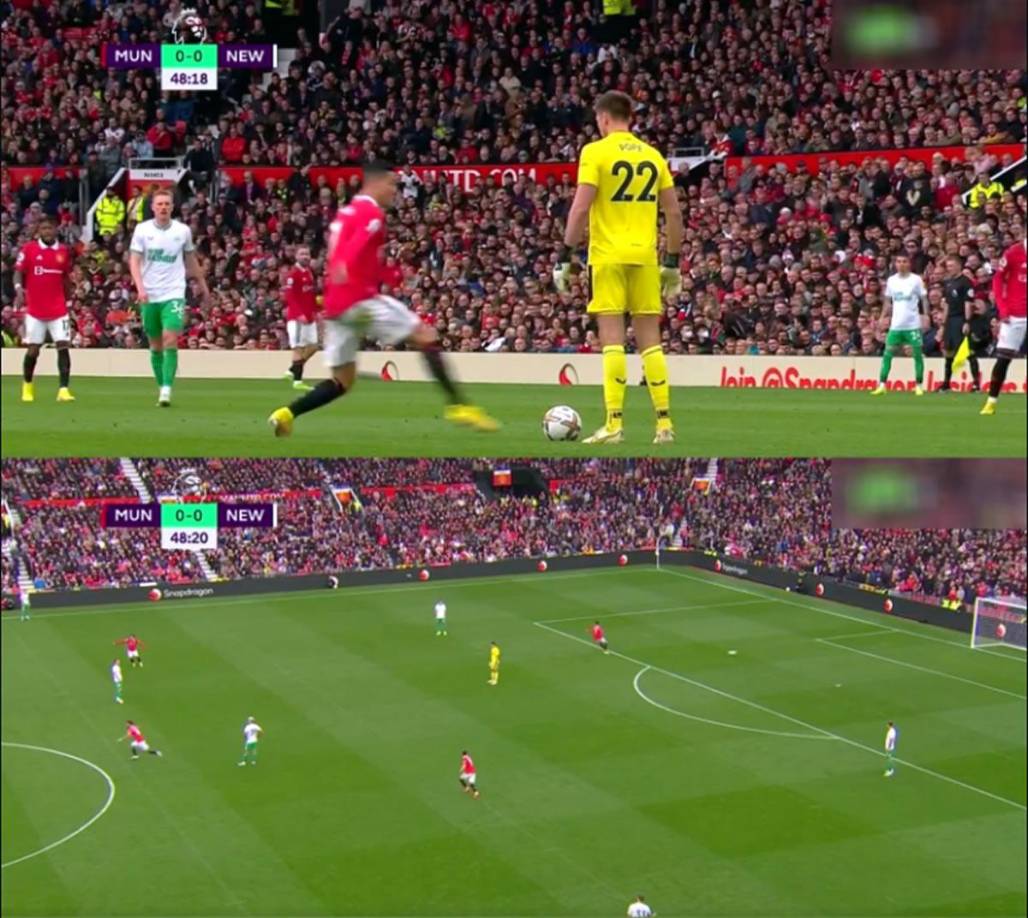 Cristiano Ronaldo anotó el 1-0 para el Manchester United, pero el fuera de juego del propio astro portugués en la pared que hizo con uno de sus compañeros, invalidó el gol. Justo después, el balón acabó en los pies de Pope. CR7 robó la pelota y marcó, pero el árbitro del juego no había reanudado el partido tras su propio fuera de juego.