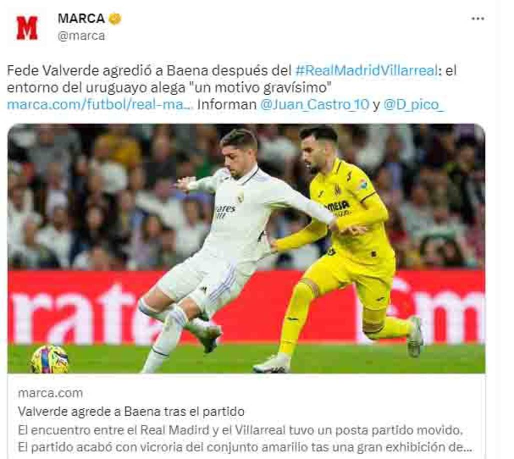 Fede Valverde del Real Madrid le propinó un puñetazo en el rostro al jugador del Villarreal cuando se iba hacia el autobús.. por “meterse con la familia” del uruguayo