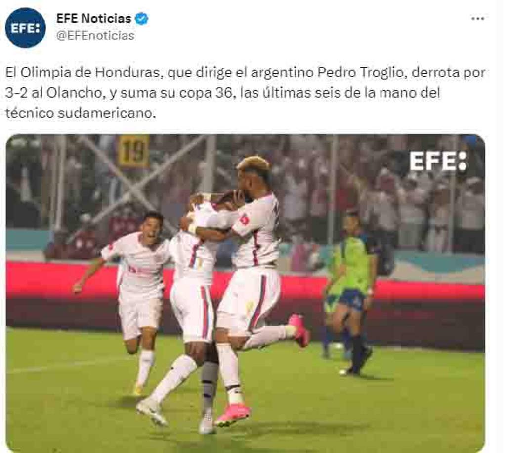 La agencia EFE noticias notificó de esta manera el título del Olimpia.