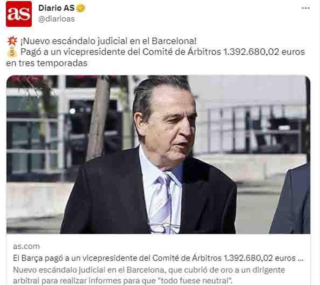 “Nuevo escándalo judicial en el Barcelona. Pagó a un vicepresidente del Comité de Árbitros”, señala el Diario As de España.