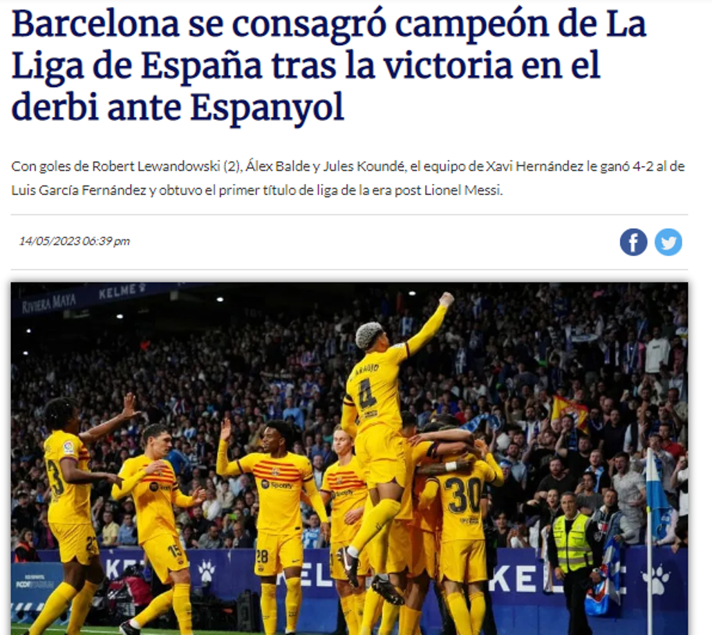 TyC Sports de Argentina: “Barcelona se consagró campeón de La Liga de España tras la victoria en el derbi ante Espanyol”.