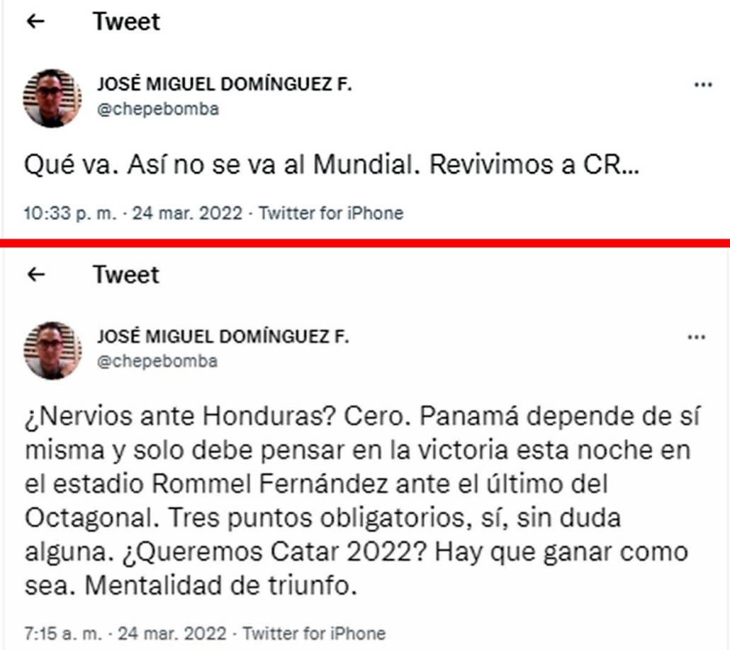 El periodista panameño José Miguel Domínguez, mejor conocido en Panamá como ‘ChepeBomba‘, había dicho en su apareción en la TV de su país que “Honduras es hijo de Panamá”. Ahora, esto comentó del tropiezo en casa: “Qué va. Así no se va al Mundial. Revivimos a Costa Rica”.