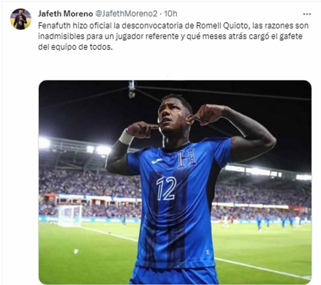 ”Las razones son inadmisibles para un jugador referentes y que meses atrás cargó el gafete del equipo de todos”, dijo el comunicador Jafeth Moreno, por su parte.