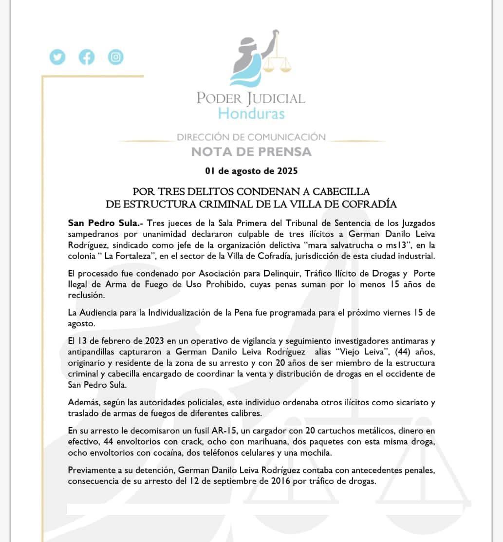 Declaran culpable a Viejo Leiva, señalado de liderar la MS; su hermana dice lo contrario