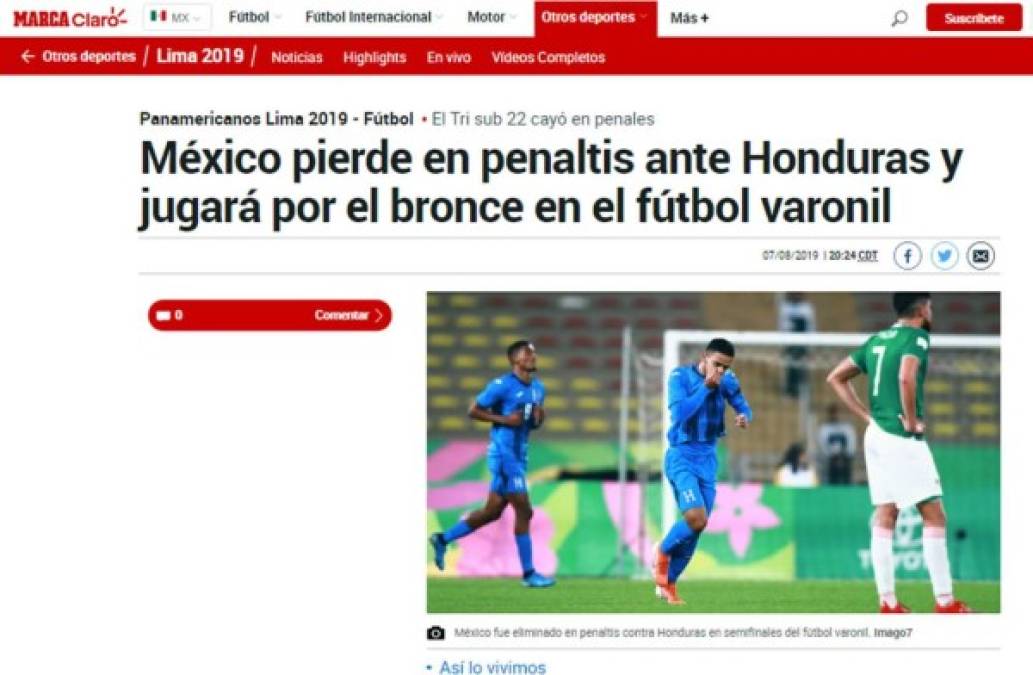 Diario Marca (España) - 'México pierde en penaltis ante Honduras y jugará por el bronce en el fútbol varonil'.
