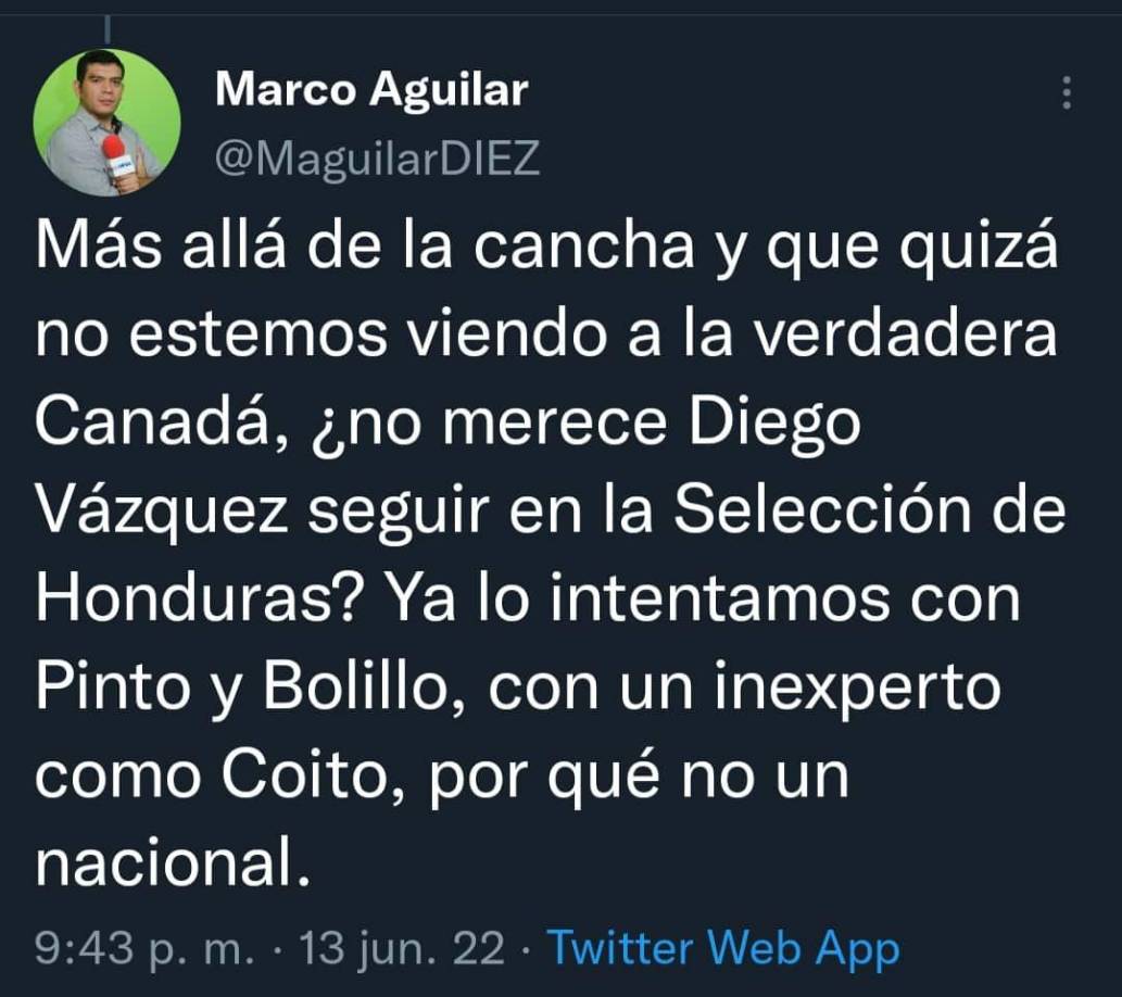 El periodista Marco Aguilar dejó entrever que Diego Vázquez merece seguir en la selección hondureña.