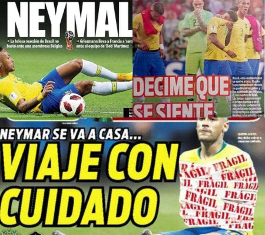 Diversos medios internacionales tienen sus portadas imagen del sufrimiento de Neymar, y de todo un pueblo que se ilusionaba con conquistar el Mundial de Rusia 2018. Brasil le dijo adiós a la Copa del Mundo tras caer 2-1 ante Bélgica en cuartos de final.